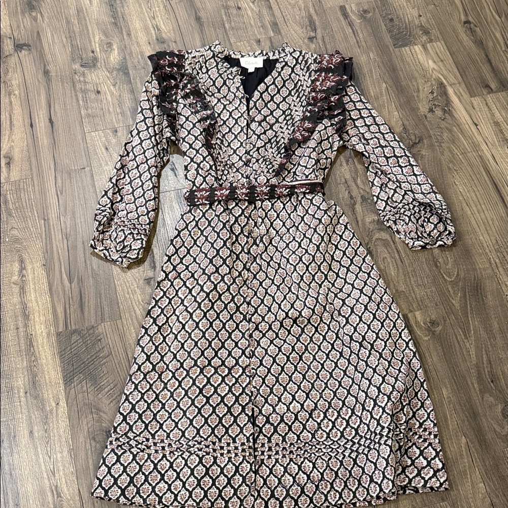 Cleobella Black and Cream Long Sleeve Ruffled Midi Dress